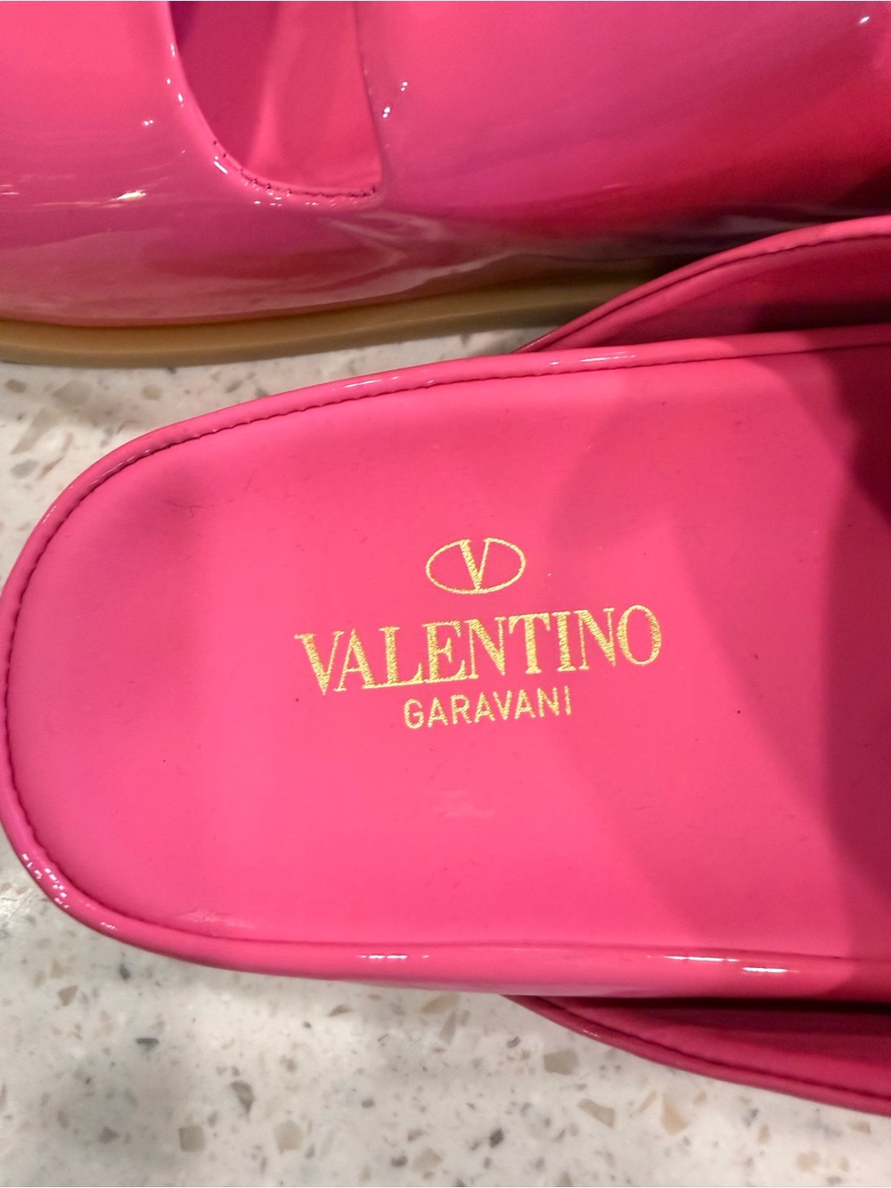 Valentino Hot Pink Patent Slide Sandals with Gold Pyramid Studs - Picture 3 of 5